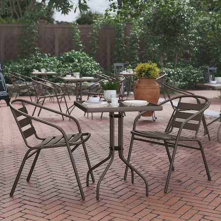 Flash Furniture Lila 23.5in Square Glass Top Metal Table with 2 Bronze Aluminum Slat Stack Chairs TLH-0731SQ-017CBZ2-GG